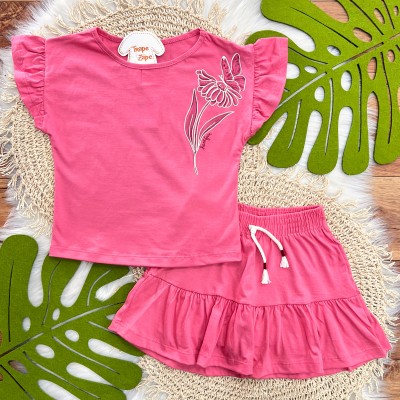 Conj Pink Borboleta na flor e Saia Rodada c/ short